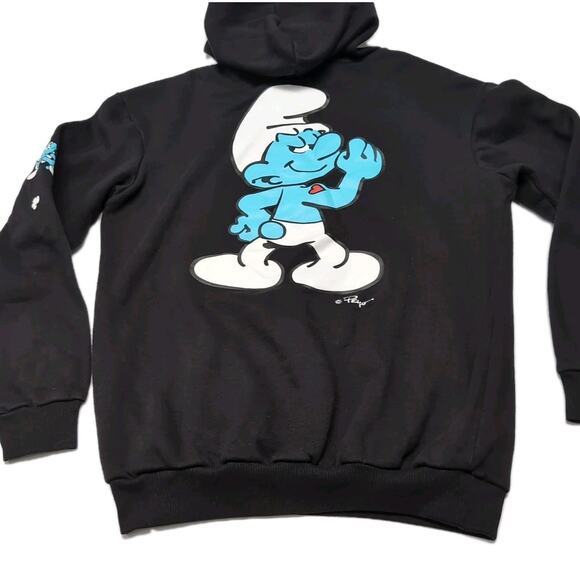 Smurfs Fleece Hoodie Womens M Black Pockets Mushroom Graphic Print Sweatshirt - Picture 6 of 16